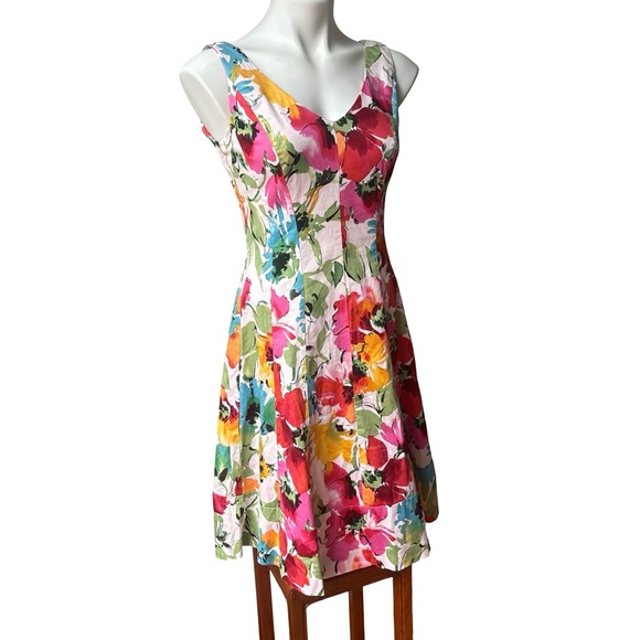 Lauren Ralph Lauren Fit & Flare Seamed V-Neck Floral Sleeveless Dress, Sz 8 - Picture 4 of 16